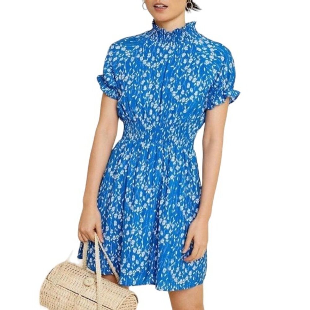 Hayden Blue Floral Smocked Mini Dress Short Sleeve